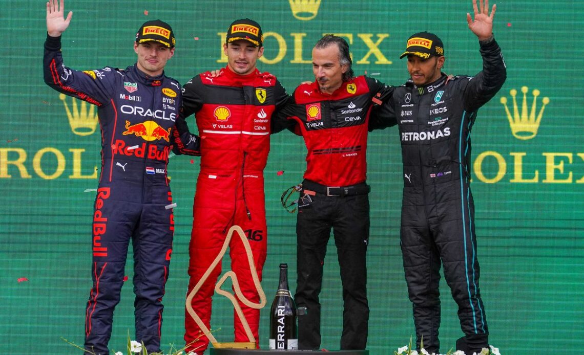 Podium: Charles Leclerc, Ferrari F1-75, Max Verstappen, Red Bull Racing RB18, Laurent Mekies, Scuderia Ferrari Sporting Director, Lewis Hamilton, Mercedes W13