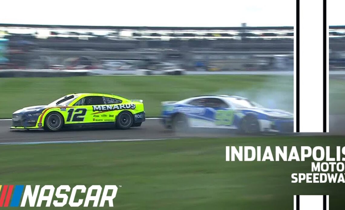 Ryan Blaney retaliates against Suarez after the checkered flag at Indy