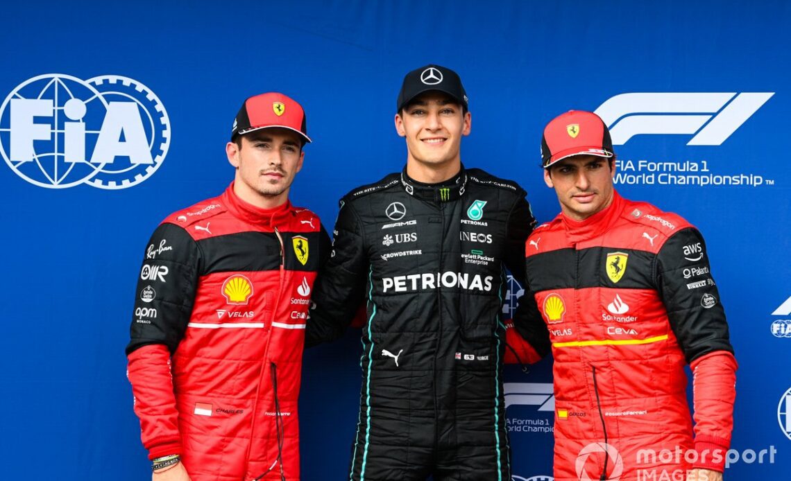 Top three Qualifiers Charles Leclerc, Ferrari, pole man George Russell, Mercedes-AMG, Carlos Sainz, Ferrari