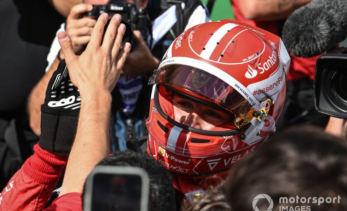 Charles Leclerc, Ferrari, 1st position, celebrates on arrival in Parc Ferme