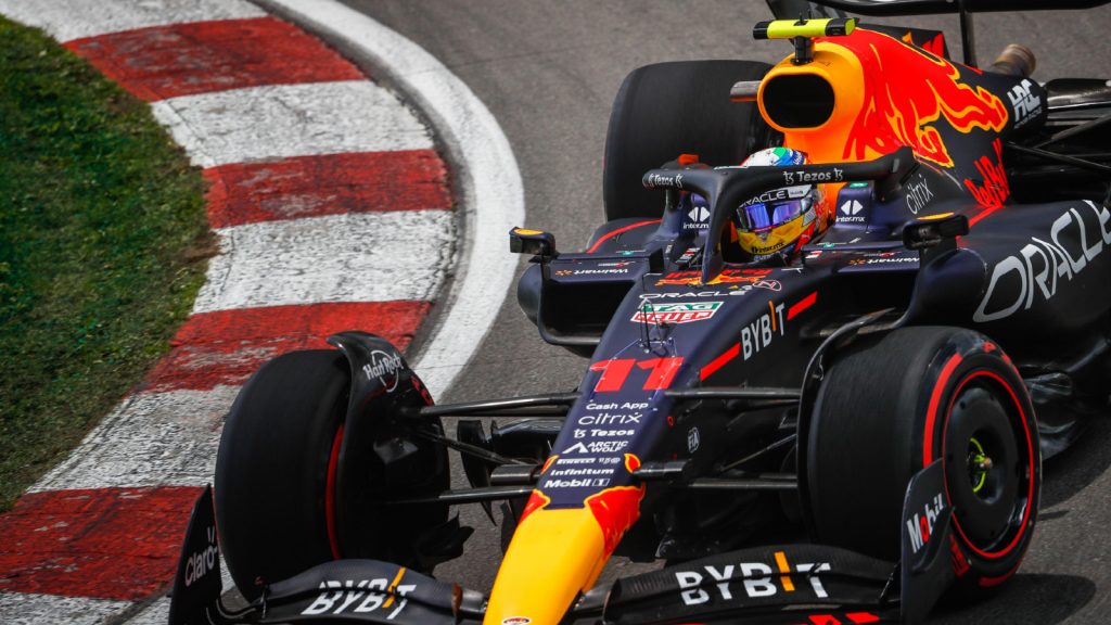 Sergio Perez laps the Circuit Gilles Villeneuve. Canada June 2022