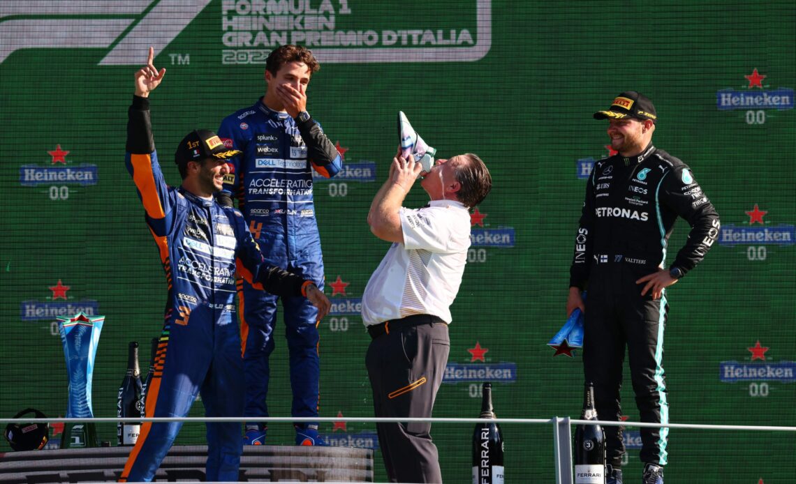 Daniel Ricciardo celebrates on the podium of the 2021 Italian Grand Prix Sept. 12.