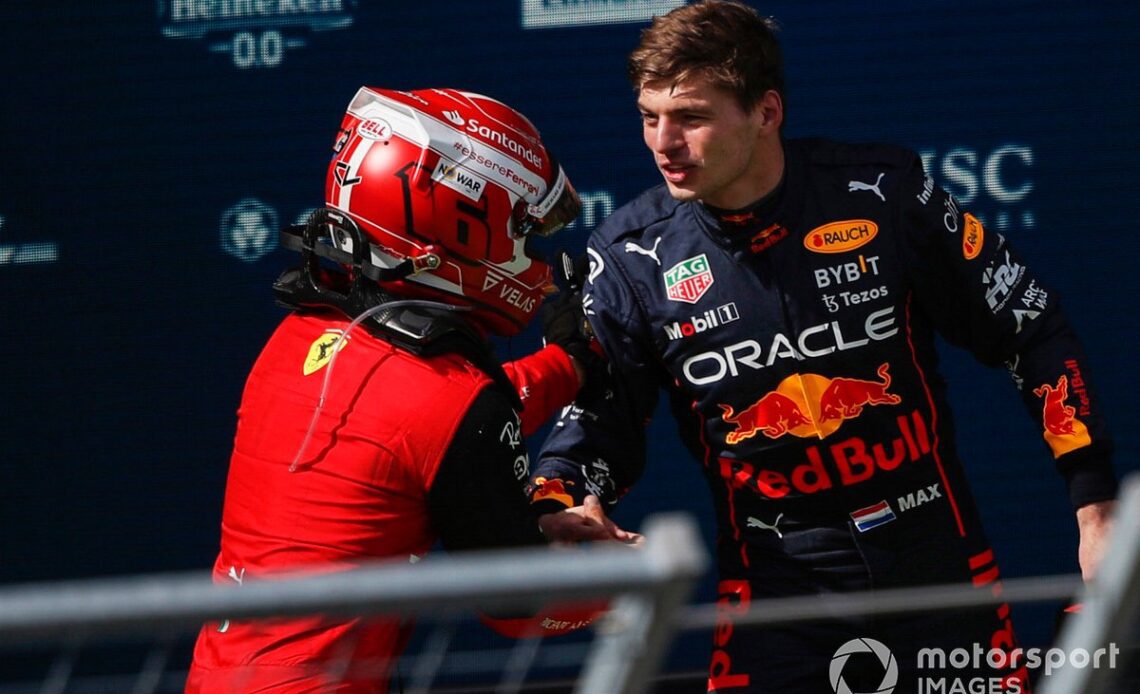 Max Verstappen, Red Bull Racing, 2nd position, congratulates Charles Leclerc, Ferrari, 1st position, in Parc Ferme