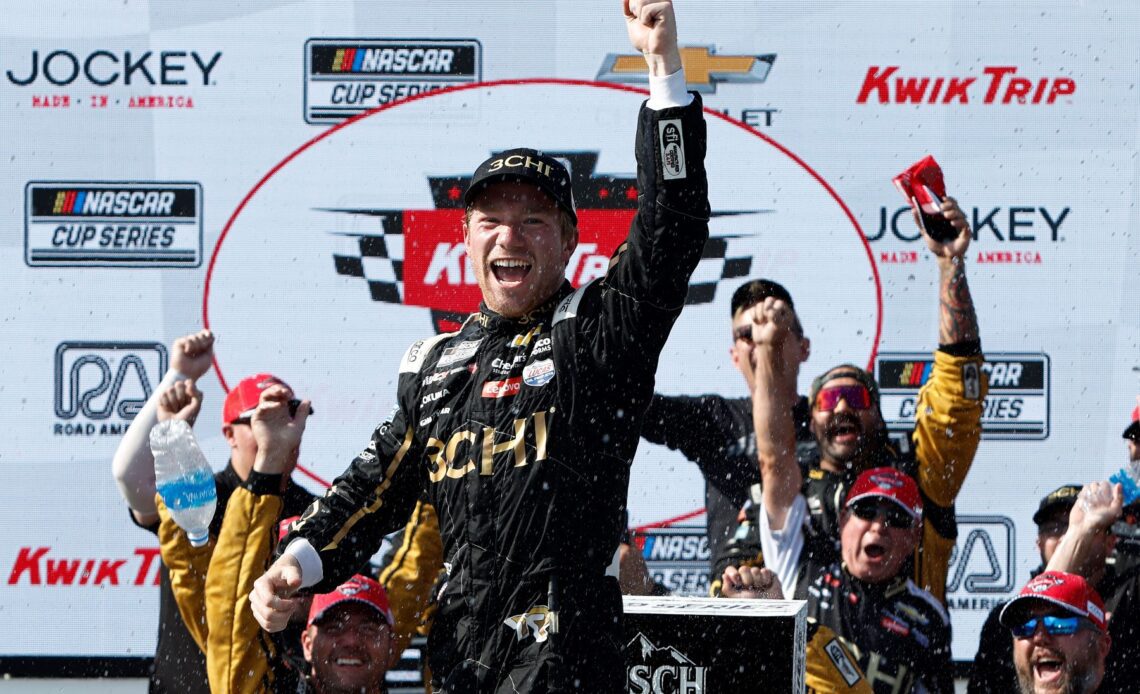 Tyler Reddick, driver of the #8 3CHI Chevrolet, celebrates in victory lane after winning the NASCAR Cup Series Kwik Trip 250 at Road America on July 03, 2022 in Elkhart Lake, Wisconsin. (Photo by Sean Gardner/Getty Images)