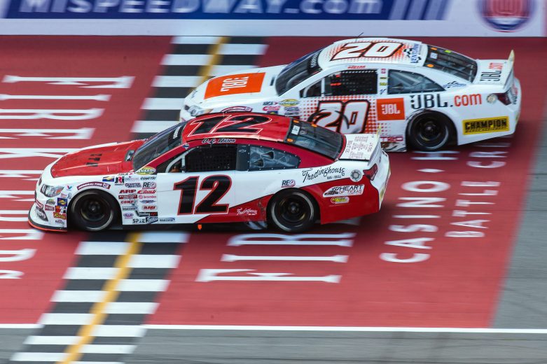 2021 ARCA Michigan Side-by-side racing D.L. Wilson, No. 12 Fast Track Racing Chevrolet, and Corey Heim, No. 20 Venturini Motorsports Toyota (Credit: Allison Farrand/ARCA Racing used with permission)
