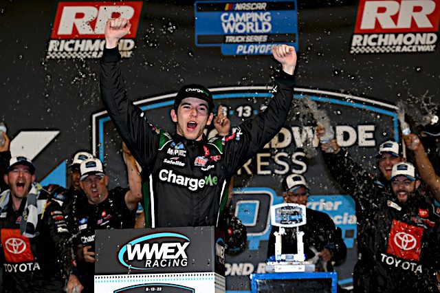 Chandler Smith celebrates in victory lane after winning the Worldwide Express 250 at Richmond Raceway, 8/13/2022 (Photo: Nigel Kinrade Photography)