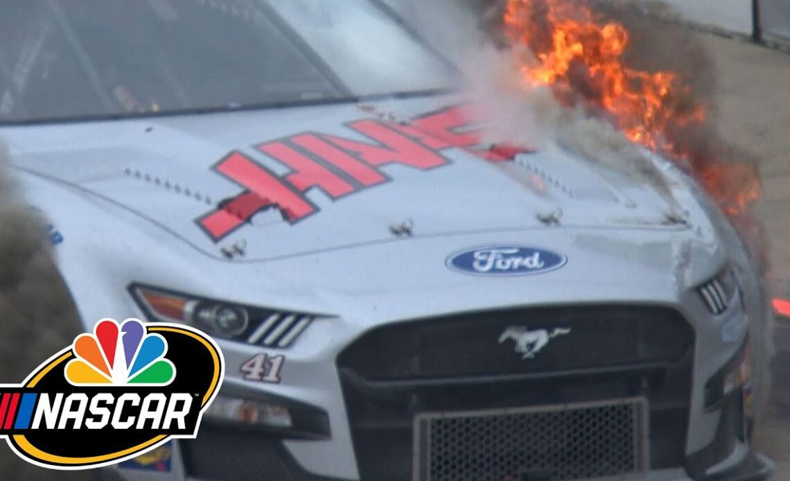 Cole Custer's car engulfed in flames during NASCAR Cup Series race at Michigan | Motorsports on NBC