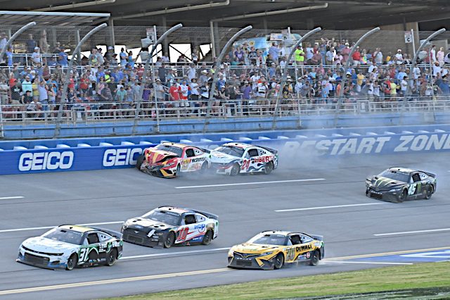 Justin Haley, Aric Almirola, Christopher Bell on bottom coming to finish line, Bubba Wallace crashed William Byron and Kurt Busch nascar Cup race at Talladega NKP