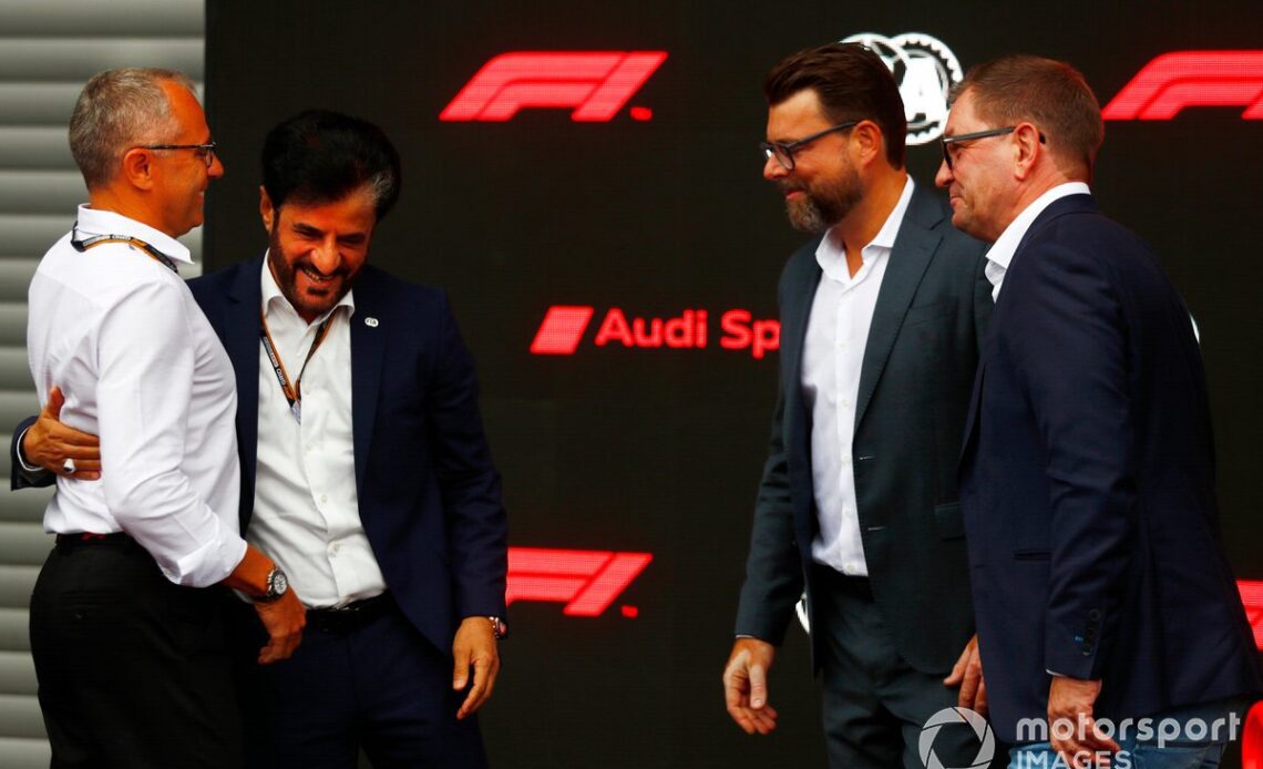 Stefano Domenicali, CEO, Formula 1, with Mohammed bin Sulayem, President, FIA, Markus Duesmann, Chairman of the Board of Management of Audi AG, Oliver Hoffmann, Head of Technical Development at Audi Sport GmbH