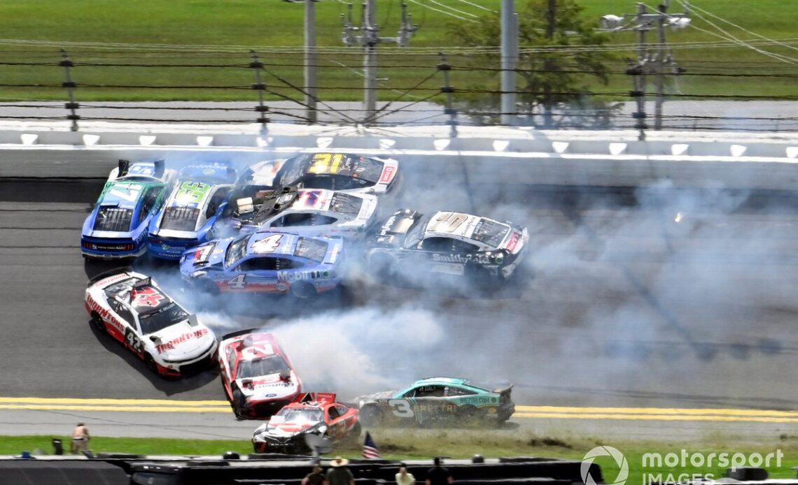 Daniel Suarez, TrackHouse Racing, Freeway Insurance Chevrolet Camaro, Denny Hamlin, Joe Gibbs Racing, FedEx Cares Toyota Camry, Justin Haley, Kaulig Racing, LeafFilter Gutter Protection Chevrolet Camaro and Ricky Stenhouse Jr, JTG Daugherty Racing, Kroger/ NOS Chevrolet Camaro, massive wreck