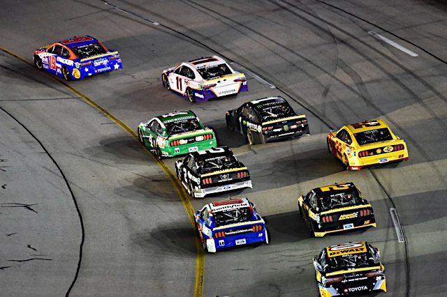 rear view of NASCAR Cup Series cars racing in the 2021 Richmond race, NKP