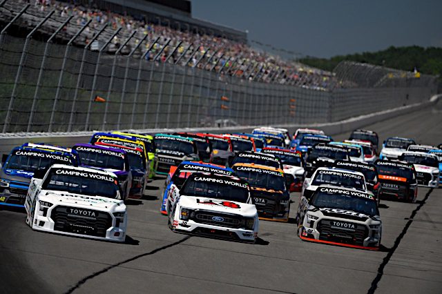 Chandler Smith, Zane Smith, Christian Eckes pack racing at Pocono Raceway, front view, NKP