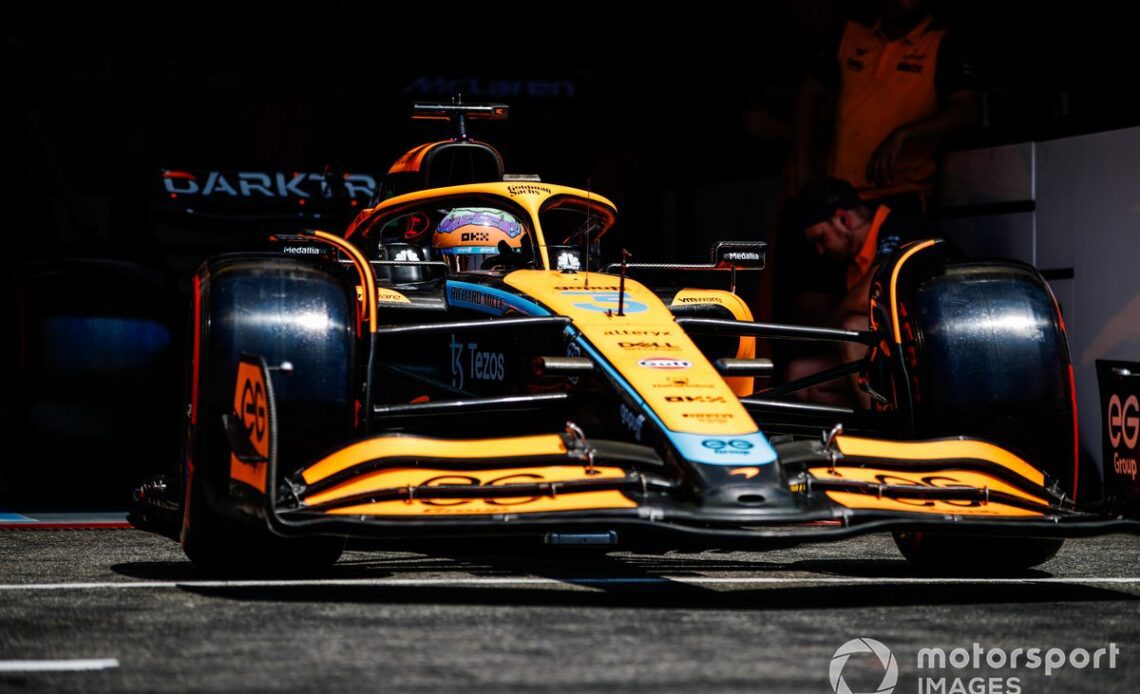 Daniel Ricciardo, McLaren MCL36, leaves the garage