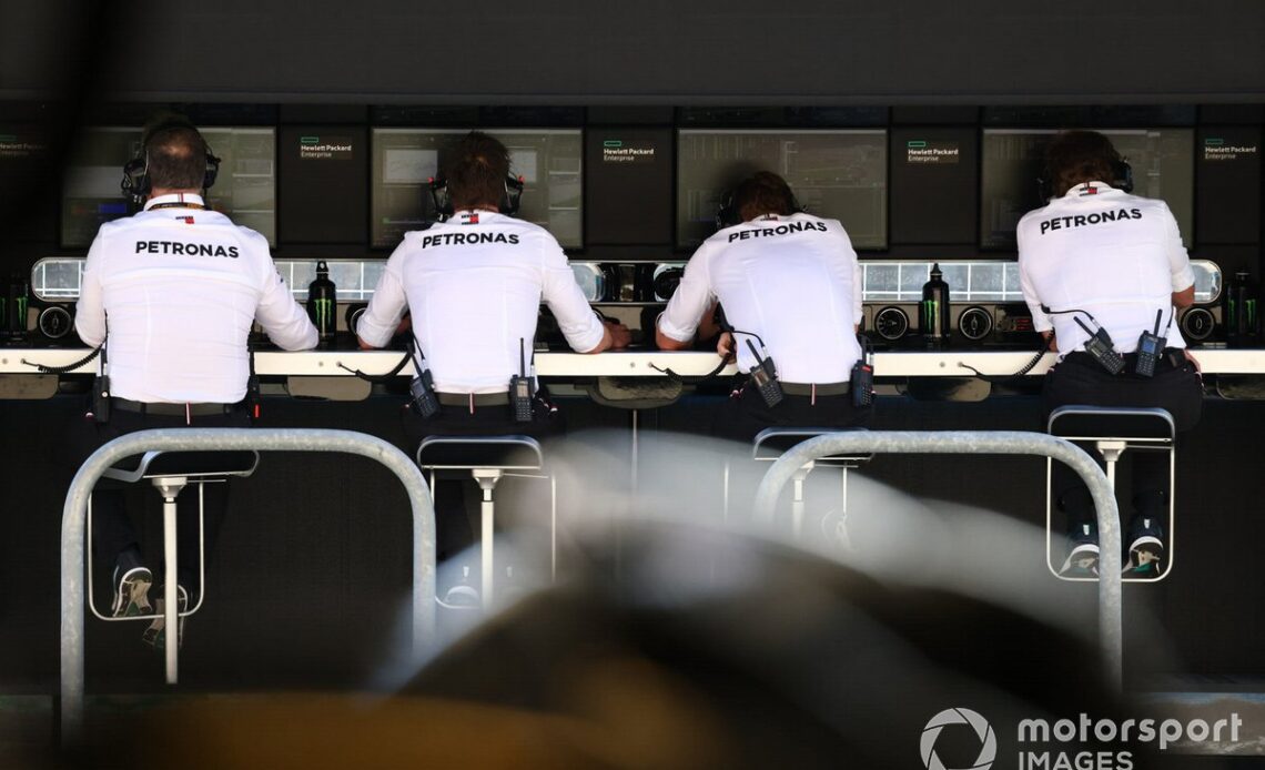 The Mercedes team on the pit wall