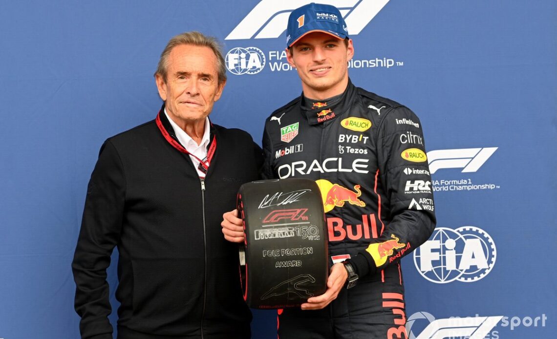Former F1 and Le Mans legend Jacky Ickx presents Max Verstappen, Red Bull Racing, with the pole award