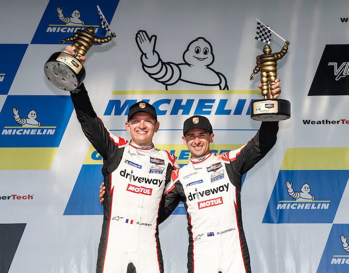 Matt Campbell and Mathieu Jaminet celebrate their victory in the Michelin GT Challenge at VIR, 8/28/2022 (Photo: Courtesy of IMSA)