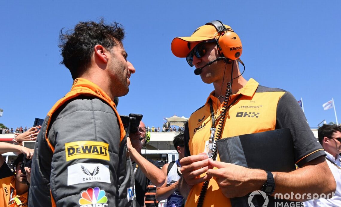 Daniel Ricciardo, McLaren, on the grid with his engineer