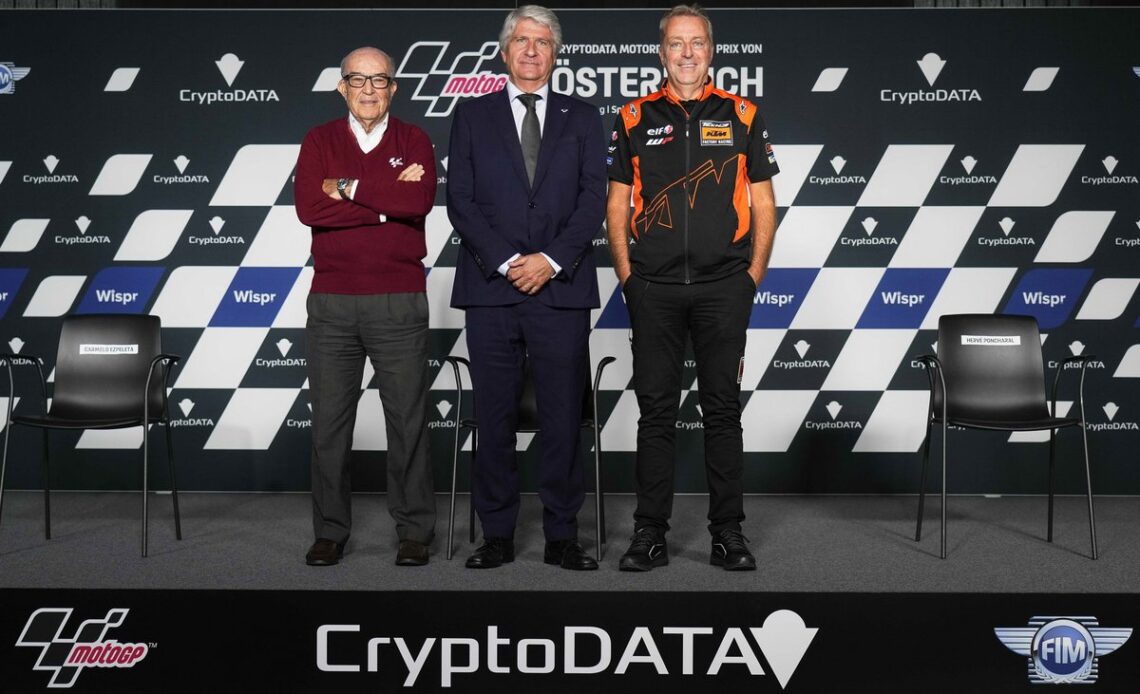 FIM President Jorge Viegas was flanked by Dorna Sports boss Carmelo Ezpeleta and IRTA President Herve Poncharal at the press conference on Saturday outlining MotoGP's plans


