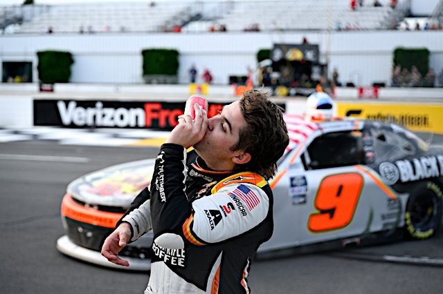 Noah Gragson celebrates by drinking from side of a can, NKP