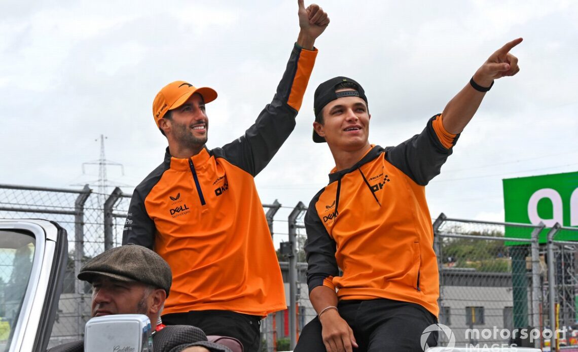 Lando Norris, McLaren, Daniel Ricciardo, McLaren, on the drivers' parade