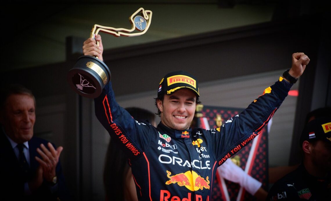 Podium: Race winner Sergio Perez, Red Bull Racing
