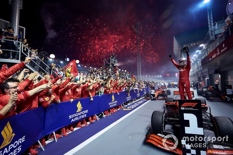 Sebastian Vettel, Ferrari, 1st position, celebrates in Parc Ferme