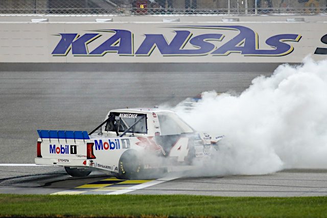 2022 Trucks Kansas II John Hunter Nemechek, No. 4 Kyle Busch Motorsports Toyota, burnout (Credit: NKP)