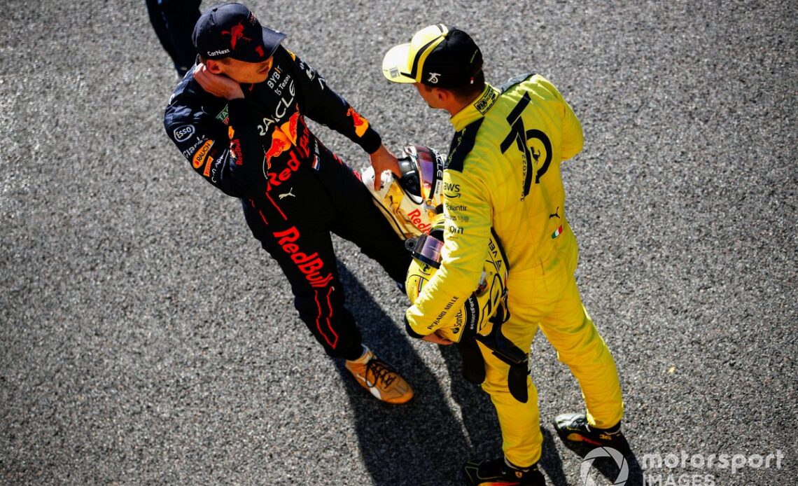 Pole man Charles Leclerc, Ferrari, talks with Max Verstappen, Red Bull Racing, after Qualifying