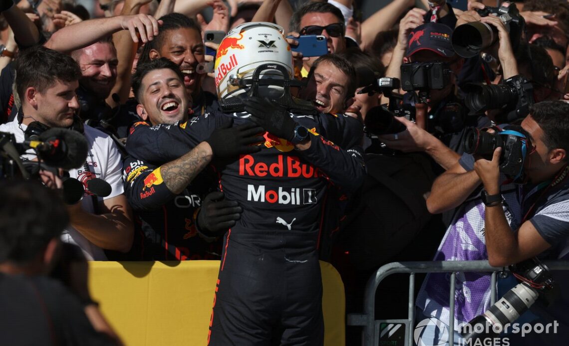 Max Verstappen, Red Bull Racing, 1st position, celebrates with his team in Parc Ferme