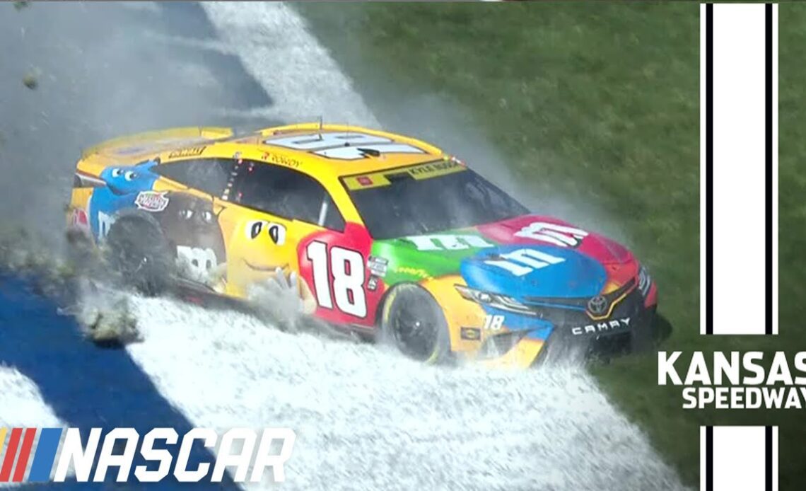 Kyle Busch loses a tire, spins through the grass at Kansas Speedway