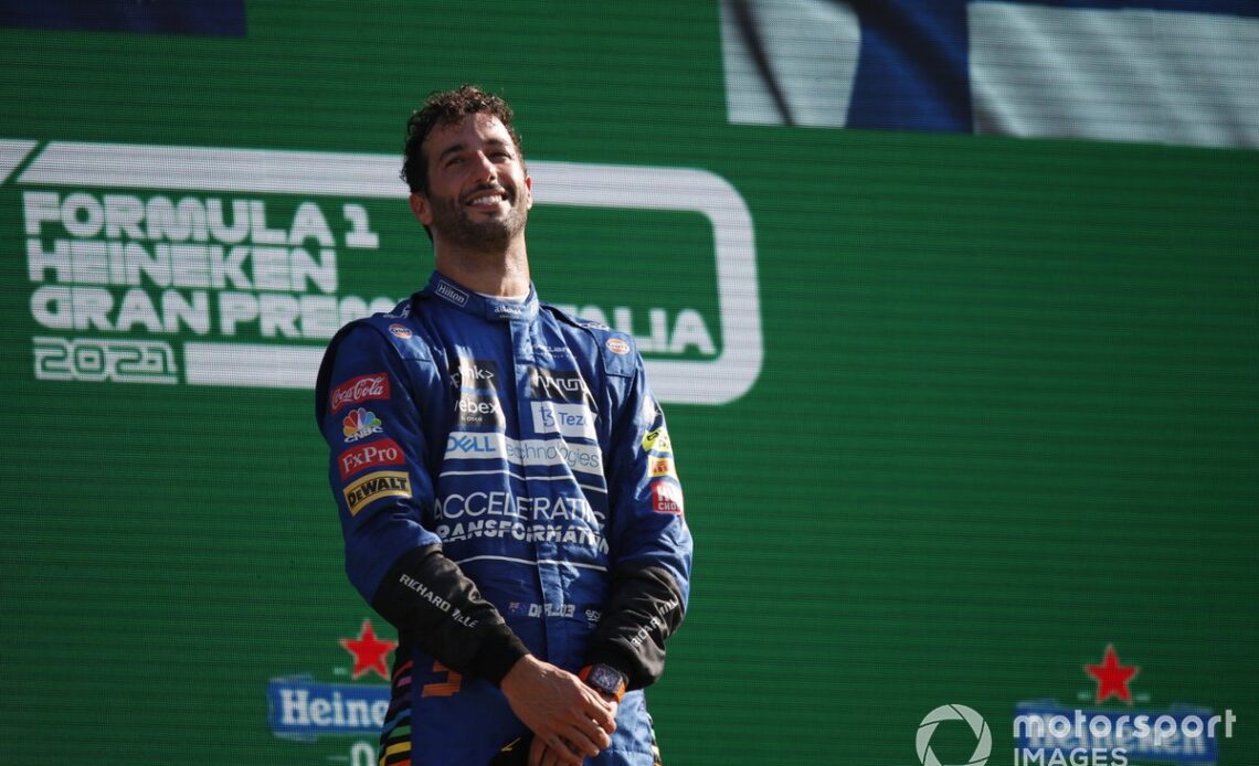 Daniel Ricciardo, McLaren, 1st position, celebrates on the podium