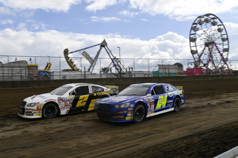 2022 ARCA Illinois State Fairgrounds Springfield Mile side-by-side racing - Nick Sanchez, No. 2 Rev Racing Chevrolet, and Ryan Unzicker, No. 24 Hendren Motorsports Chevrolet (Credit: Jeff Curry/ARCA Racing used with permission)