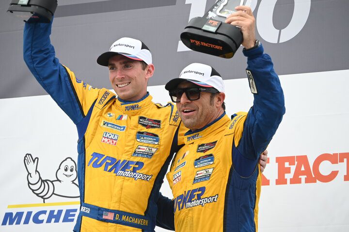 Bill Auberlen and Dillon Machavern celebrate their victory in the FOX Factory 120 at Michelin Raceway Road Atlanta, 9/30/2022 (Photo: Phil Allaway)