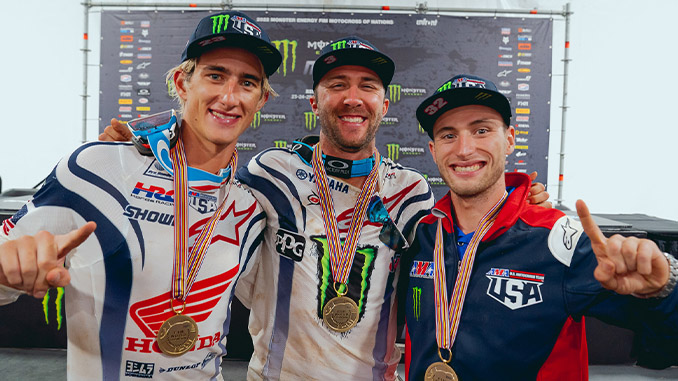 Victorious 2022 U.S. Motocross of Nations team. Left to right- Chase Sexton, Eli Tomac and Justin Cooper (678)