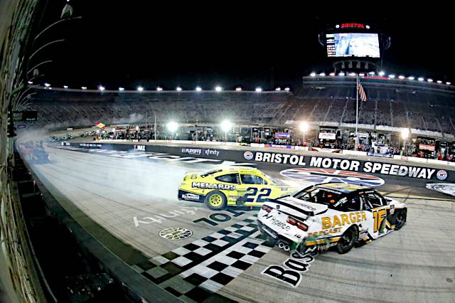 AJ Allmendinger and Austin Cindric crashing at the finish line at Bristol Motor Speedway in the 2021 NASCAR Xfinity Series playoff cut off race, NKP