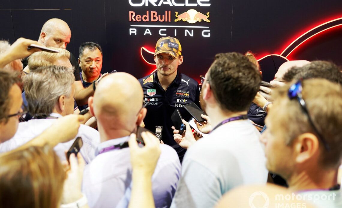 Max Verstappen, Red Bull Racing, speaks to the media