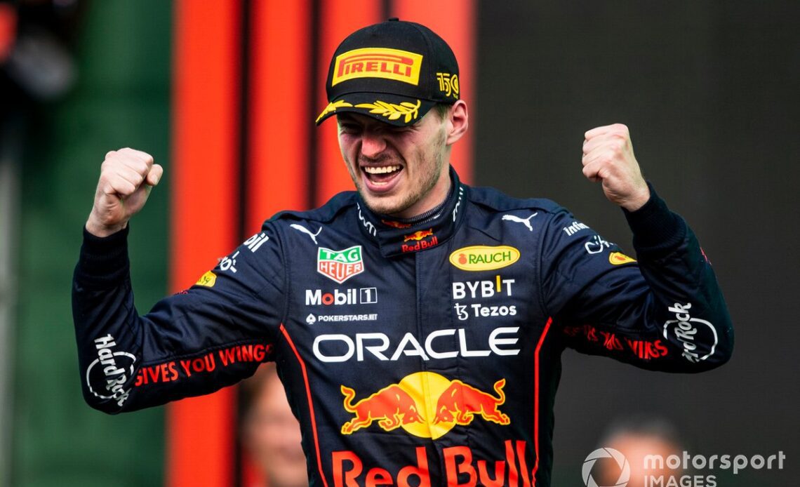 Max Verstappen celebrates a record-breaking 14th win in a single season