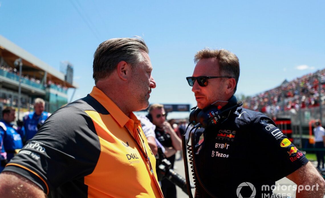 Zak Brown, CEO, McLaren Racing, chats with Christian Horner, Team Principal, Red Bull Racing, on the grid