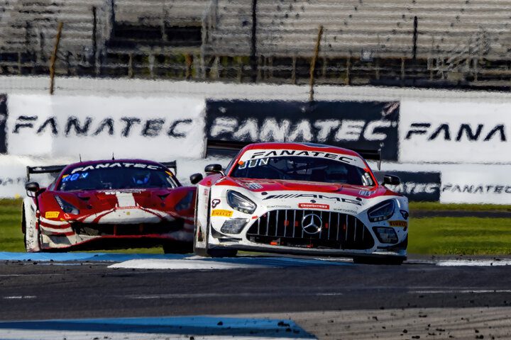 Daniel Juncadella and Alessio Rovera race each other during the Indianapolis 8 Hour, 10/8/2022 (Photo: Brian Cleary/SRO Motorsports Group)