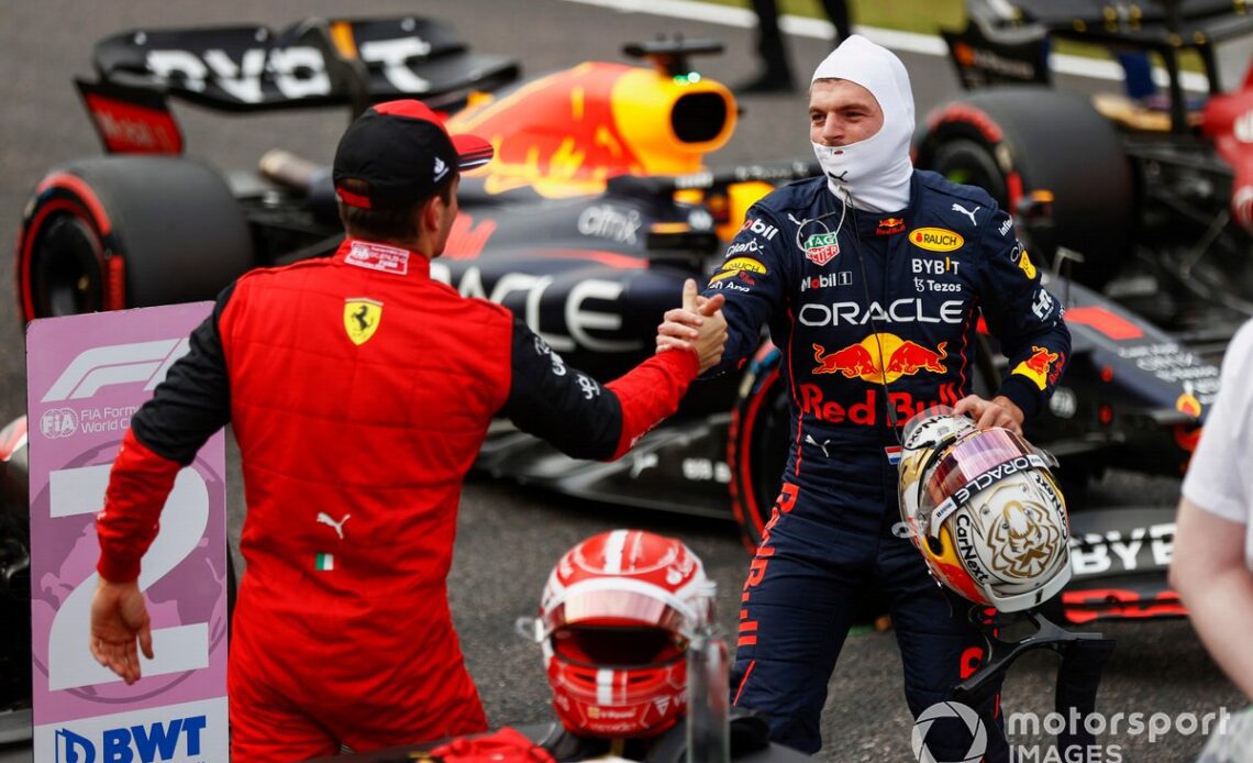 Charles Leclerc, Ferrari, congratulates Max Verstappen, Red Bull Racing, on securing pole
