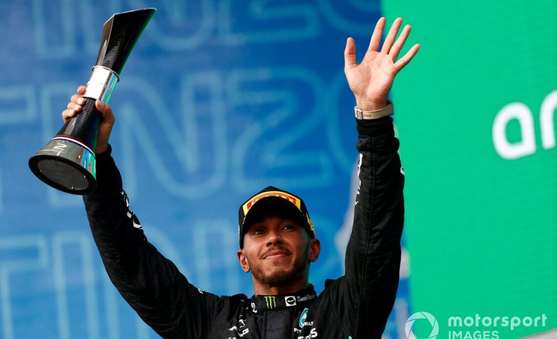 Lewis Hamilton, Mercedes AMG, 2nd position, with his trophy