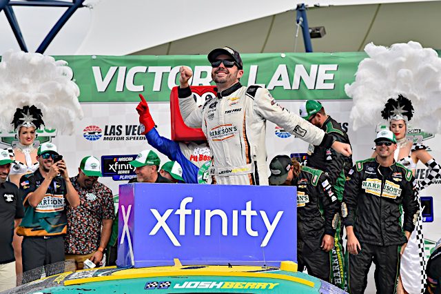 Josh Berry celebrates his win in victory lane at Las Vegas Motor Speedway in the NASCAR Xfinity Series, NKP