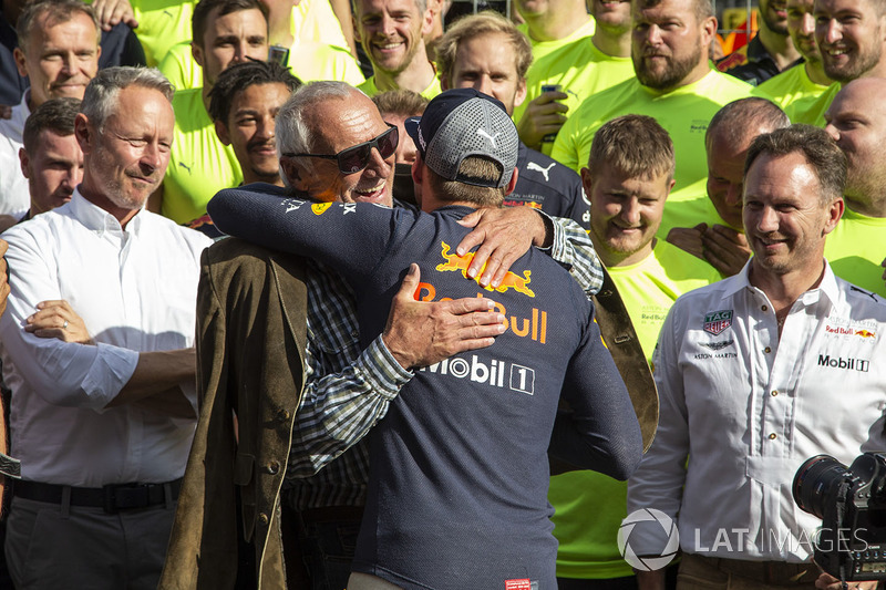 Max Verstappen celebrates a race win with Dietrich Mateschitz, CEO and Founder of Red Bull
