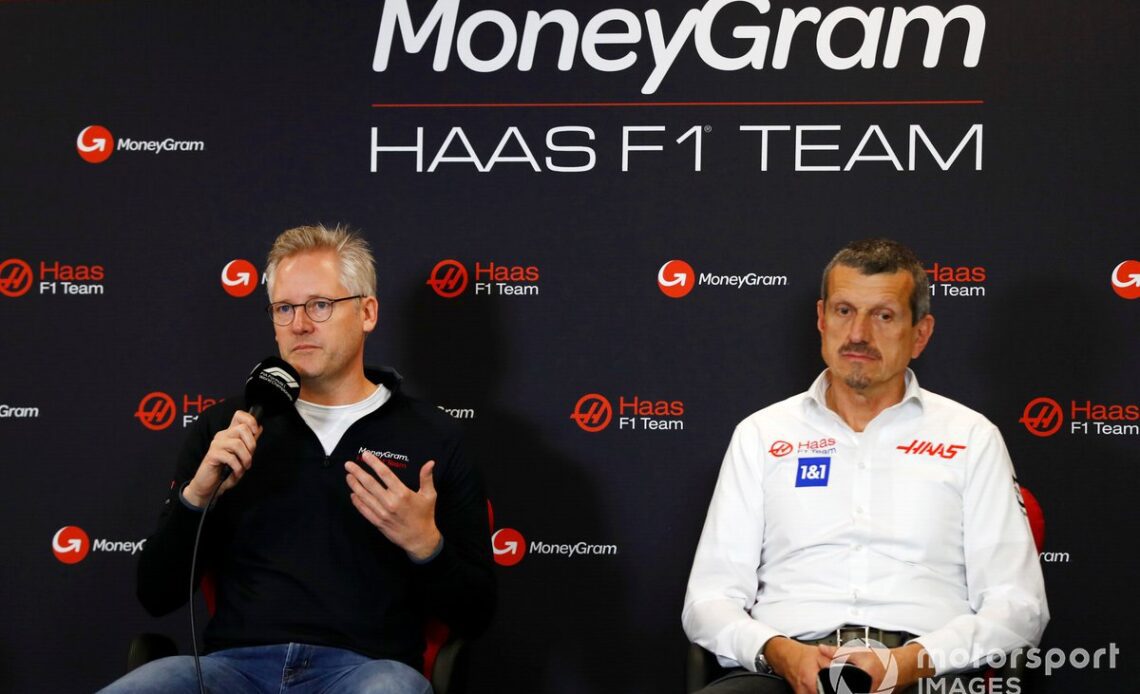A Haas F1 team press conference is held with Alex Holmes, CEO of MoneyGram, Guenther Steiner, Team Principal, Haas F1