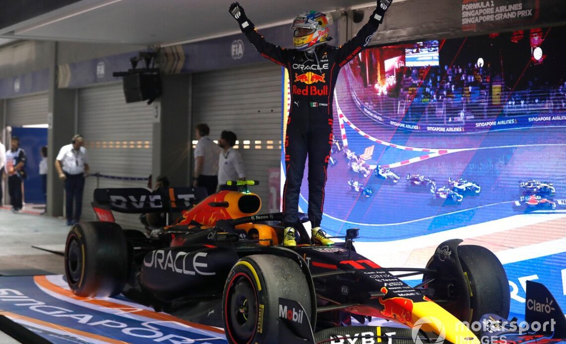 Sergio Perez, Red Bull Racing, 1st position, celebrates on arrival in Parc Ferme