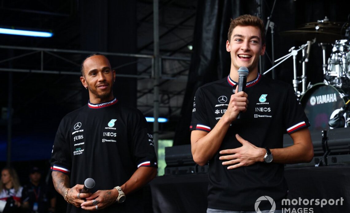 Lewis Hamilton, Mercedes AMG, George Russell, Mercedes AMG, on stage