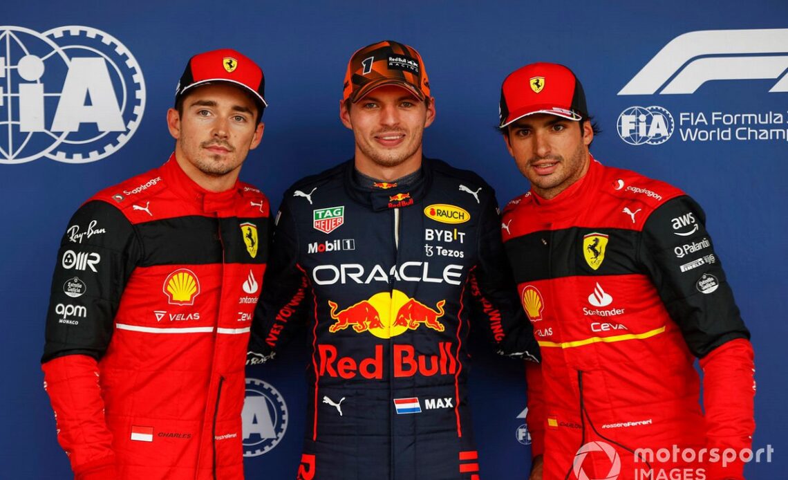 Polesitter Max Verstappen, Red Bull Racing, second place Charles Leclerc, Ferrari, third place Carlos Sainz, Ferrari
