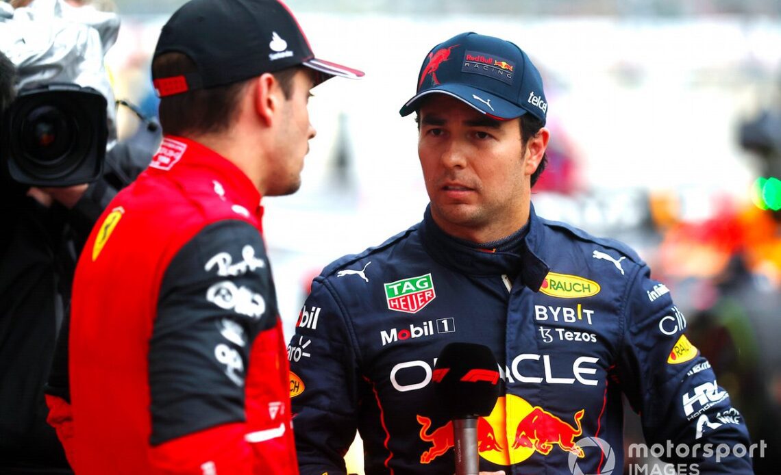 Charles Leclerc, Ferrari, 3rd position, Sergio Perez, Red Bull Racing, 2nd position, in Parc Ferme