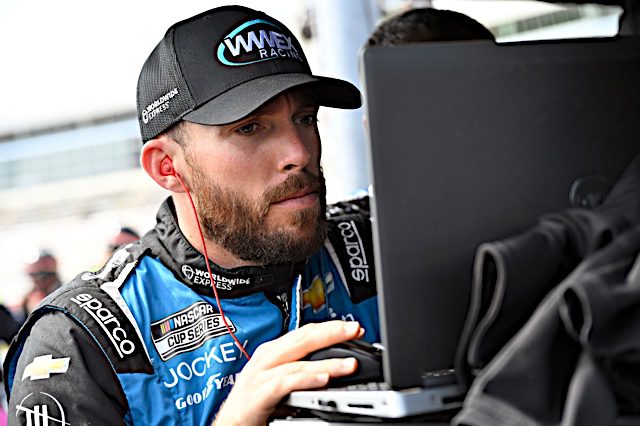 Ross Chastain checks the data after a practice run at Homestead-Miami Speedway. Photo: NKP