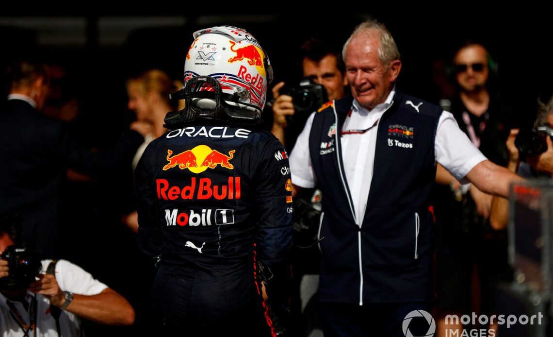 Helmut Marko joined Max Verstappen on the podium to celebrate Red Bull's constructors' title and honour his late friend Dietrich Mateschitz.
